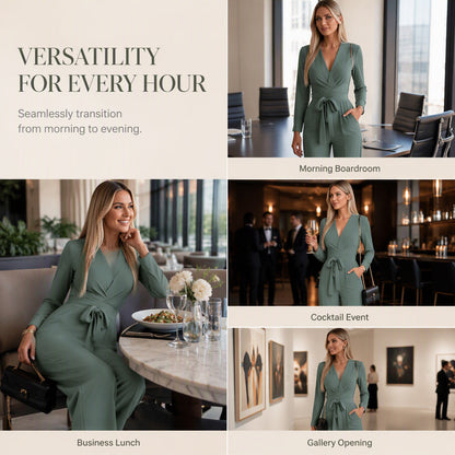 Women's Long Sleeve V-Neck Jumpsuit with Belt
