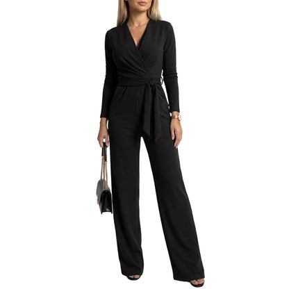 Women's Long Sleeve V-Neck Jumpsuit with Belt