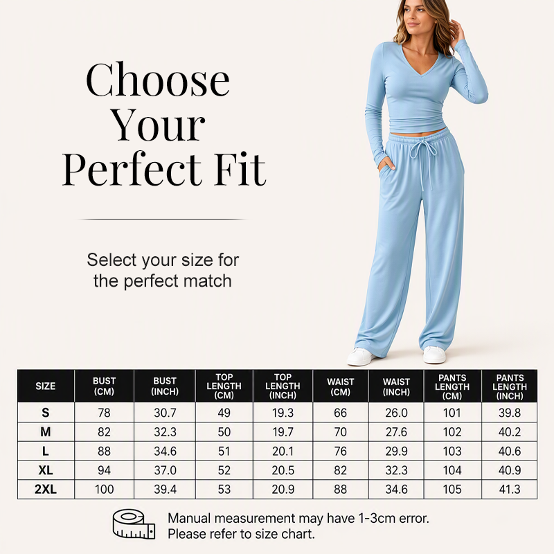 Women's V-Neck Long-Sleeve Top & Wide-Leg Pants Set