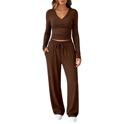 Women's V-Neck Long-Sleeve Top & Wide-Leg Pants Set