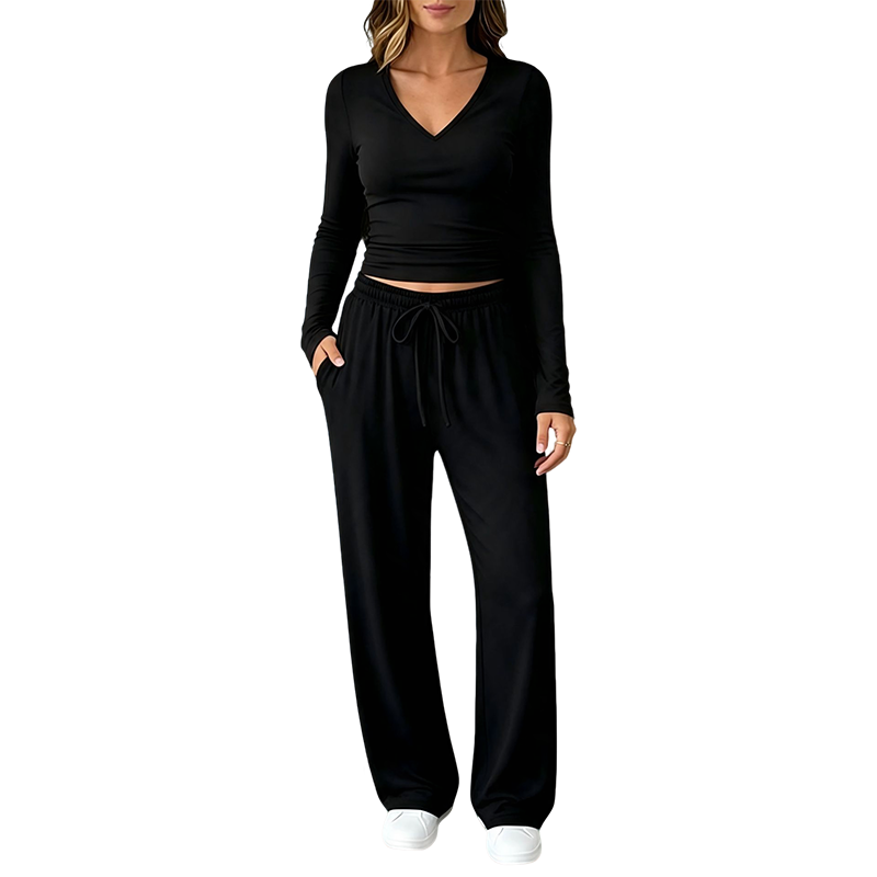 Women's V-Neck Long-Sleeve Top & Wide-Leg Pants Set