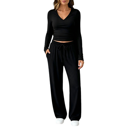 Women's V-Neck Long-Sleeve Top & Wide-Leg Pants Set
