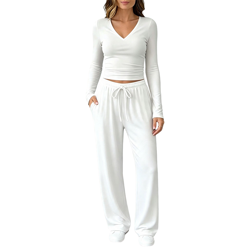 Women's V-Neck Long-Sleeve Top & Wide-Leg Pants Set
