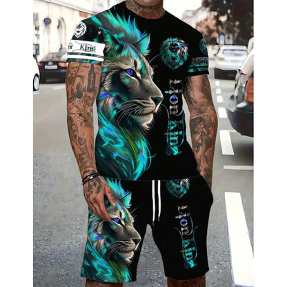 Men's Casual Animal Graphic T-Shirt and Shorts Set