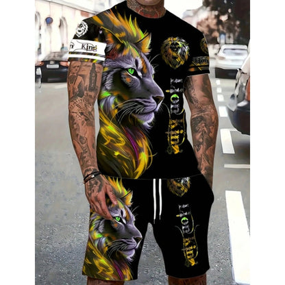 Men's Casual Animal Graphic T-Shirt and Shorts Set