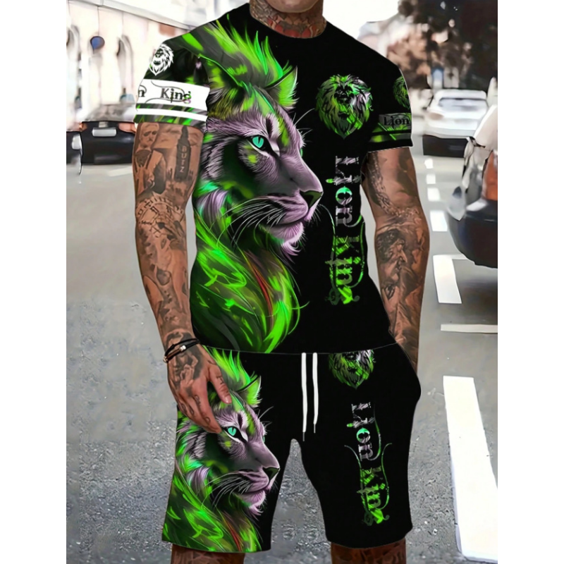 Men's Casual Animal Graphic T-Shirt and Shorts Set