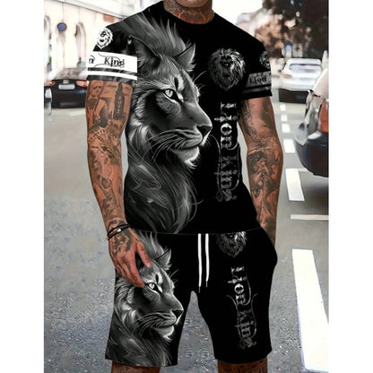Men's Casual Animal Graphic T-Shirt and Shorts Set
