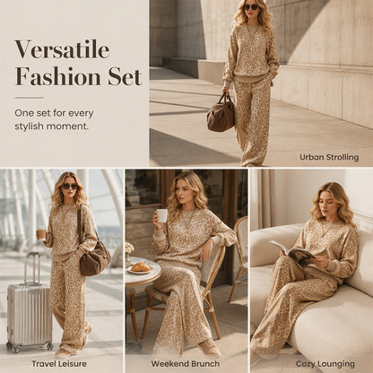 Women's Leopard Print Sweatshirt & Wide-Leg Pants Set