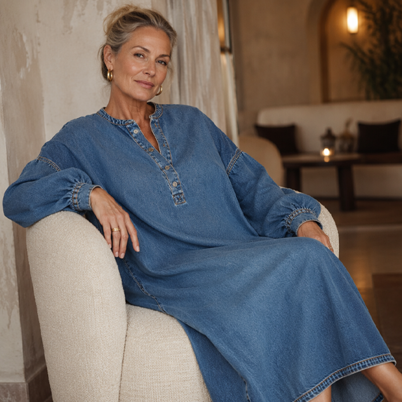 Women's Long Lantern Sleeve Maxi Denim Dress