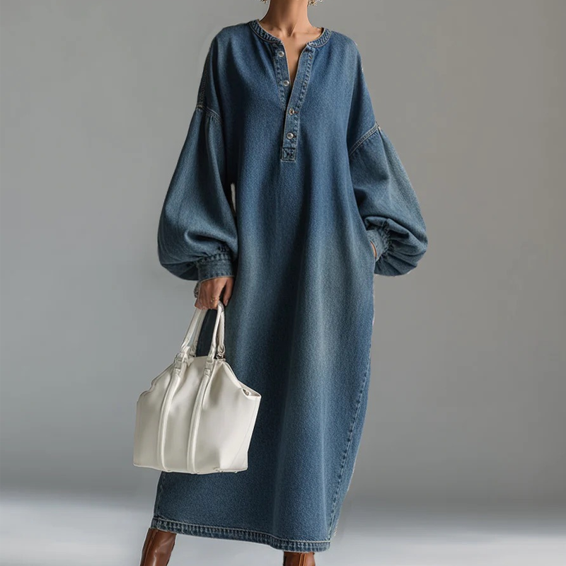 Women's Long Lantern Sleeve Maxi Denim Dress