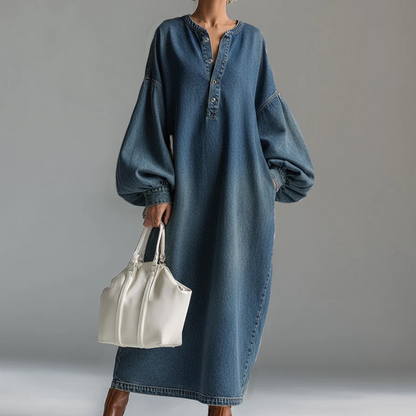 Women's Long Lantern Sleeve Maxi Denim Dress