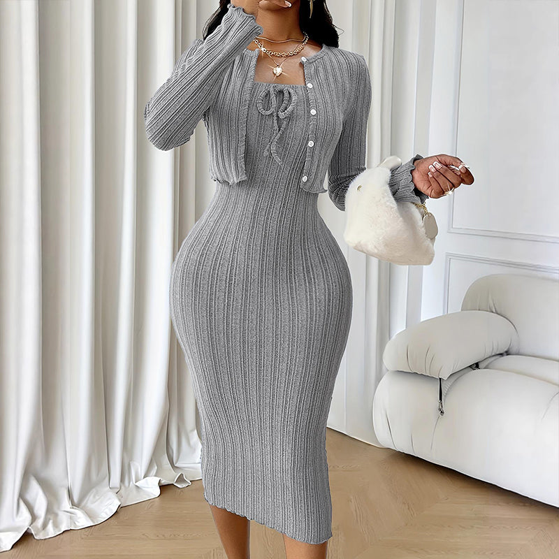 Women's Ribbed Knit Bodycon Dress with Cropped Cardigan