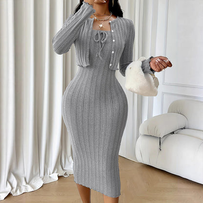 Women's Ribbed Knit Bodycon Dress with Cropped Cardigan