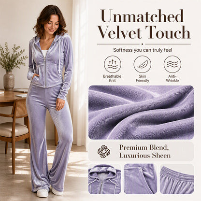 Women's Velvet Zip-Up Hoodie & Flared Pants Set