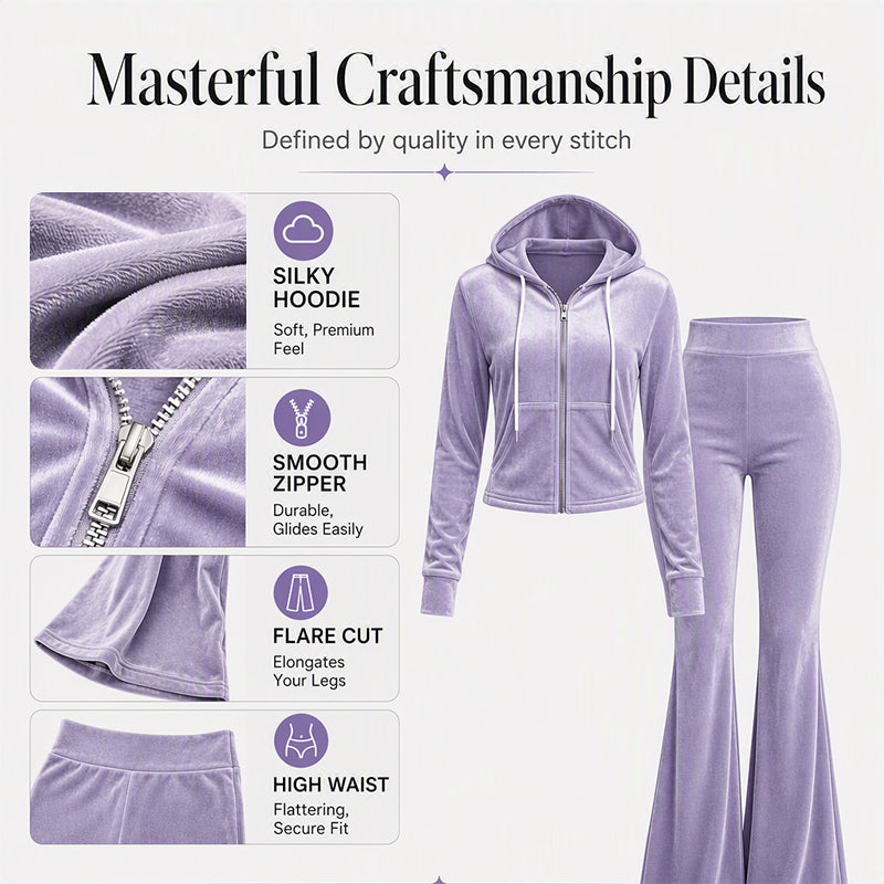 Women's Velvet Zip-Up Hoodie & Flared Pants Set