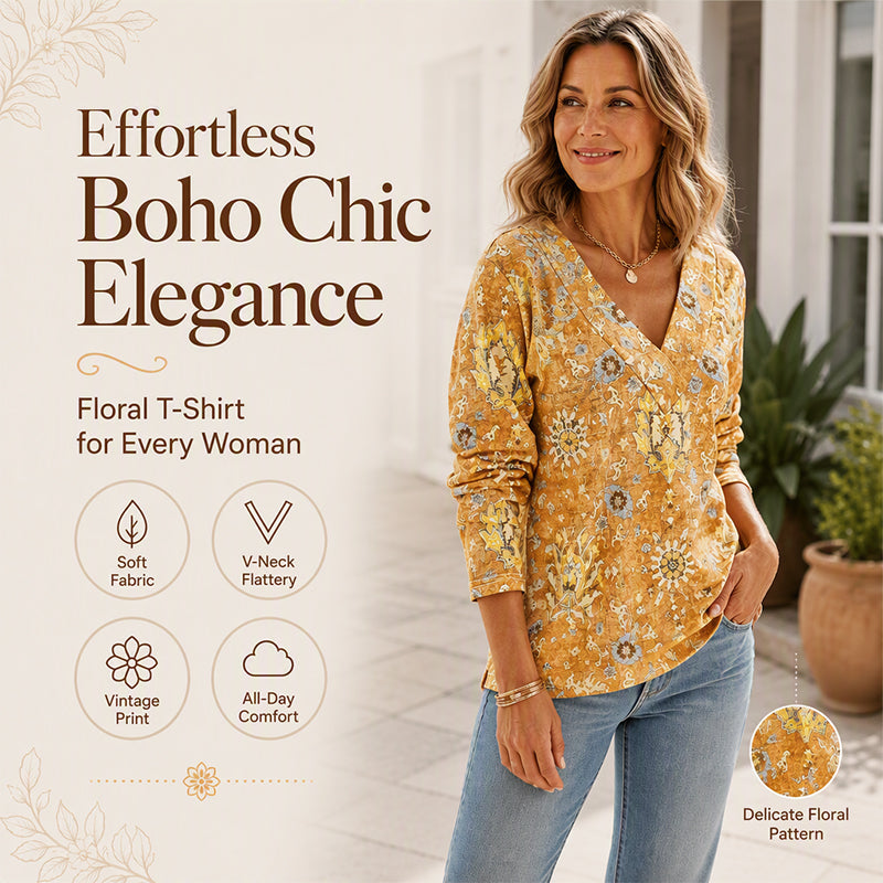 Women's Elegant Floral Print V-Neck Top