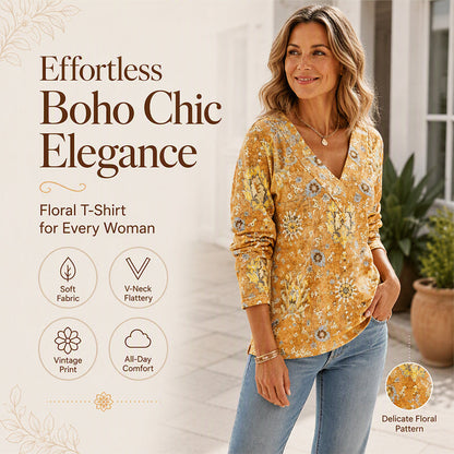 Women's Elegant Floral Print V-Neck Top
