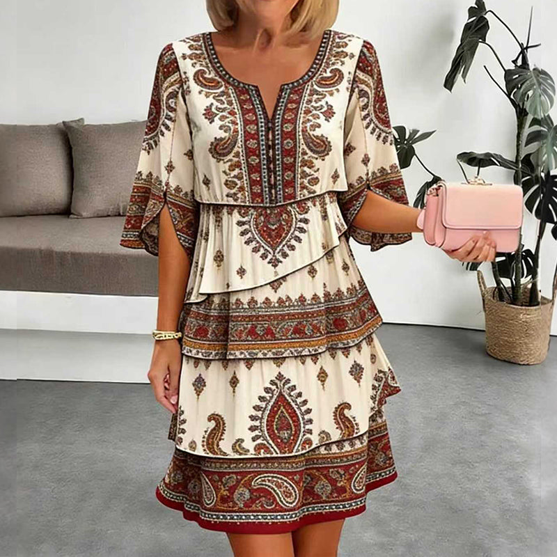 Women's Vintage Ethnic Print Tiered Dress