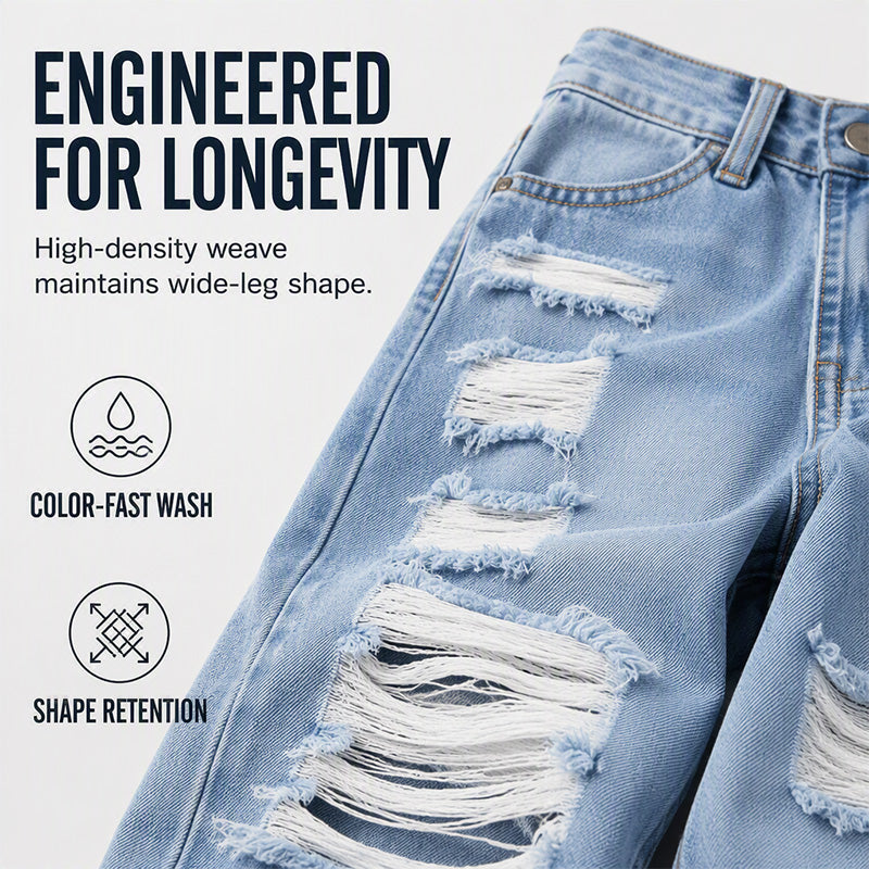 Women's Ripped Wide Leg Jeans Distressed High Waisted Denim Pants