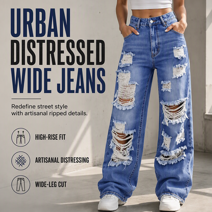 Women's Ripped Wide Leg Jeans Distressed High Waisted Denim Pants