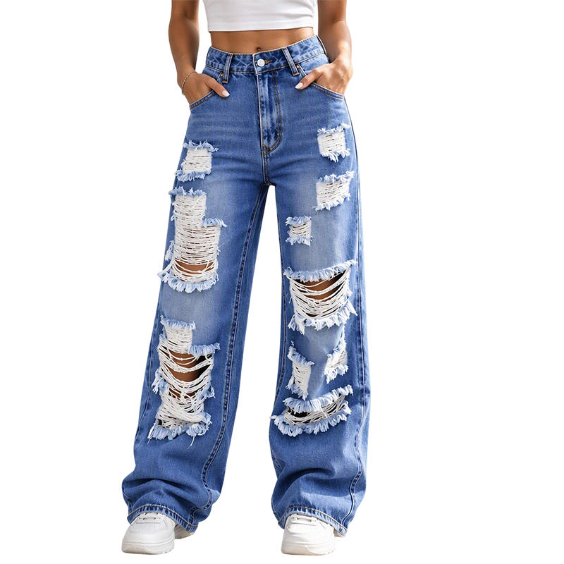 Women's Ripped Wide Leg Jeans Distressed High Waisted Denim Pants