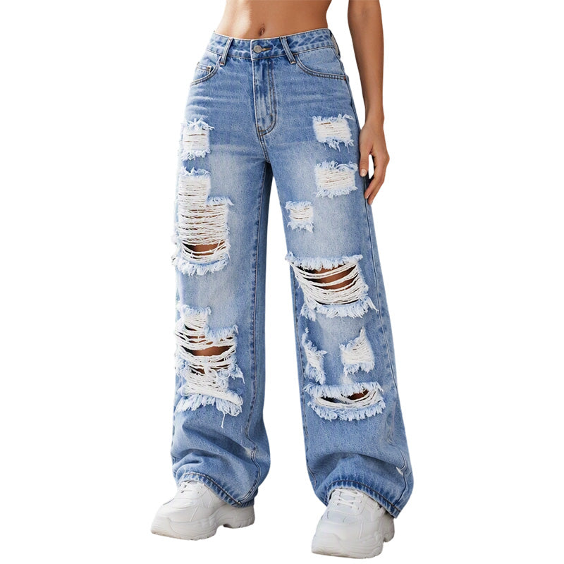 Women's Ripped Wide Leg Jeans Distressed High Waisted Denim Pants