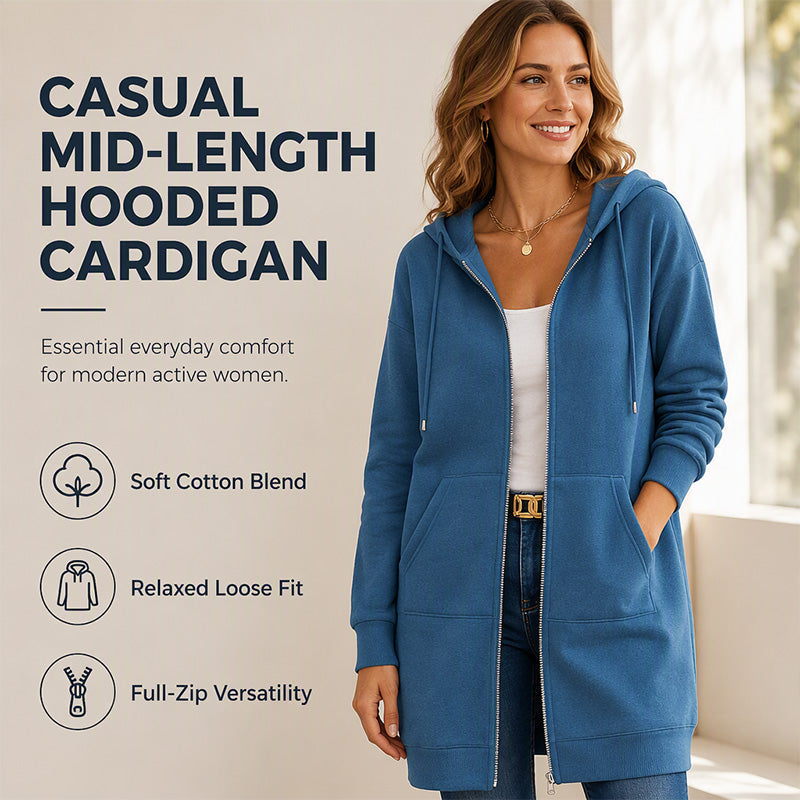 Women Mid-Length Hooded Sweatshirt Jacket Casual Zip Up Cardigan Coat with Pockets