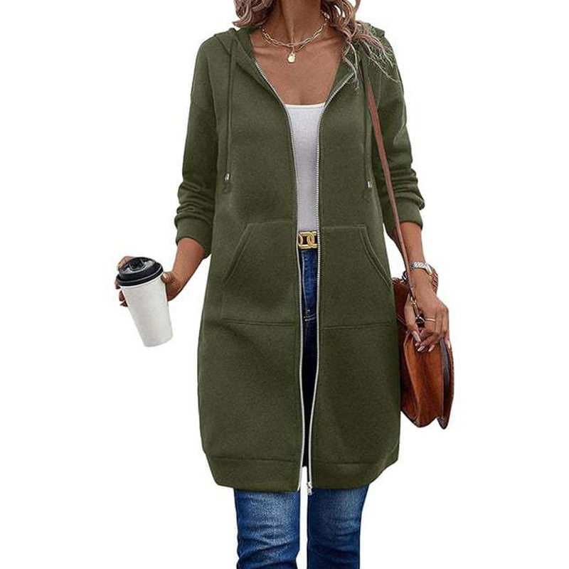 Women Mid-Length Hooded Sweatshirt Jacket Casual Zip Up Cardigan Coat with Pockets