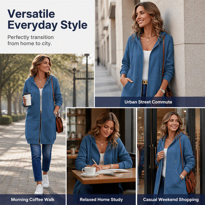 Women Mid-Length Hooded Sweatshirt Jacket Casual Zip Up Cardigan Coat with Pockets