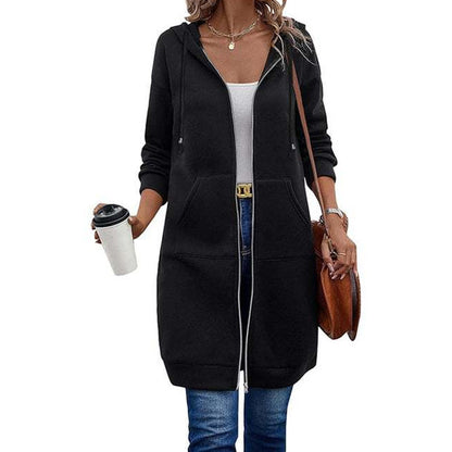 Women Mid-Length Hooded Sweatshirt Jacket Casual Zip Up Cardigan Coat with Pockets