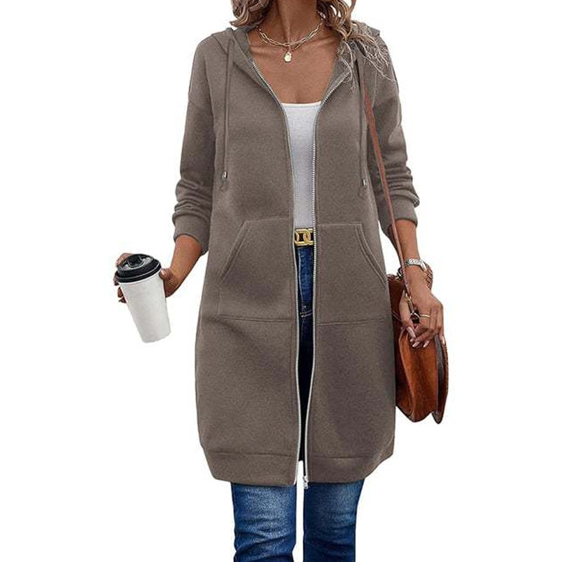 Women Mid-Length Hooded Sweatshirt Jacket Casual Zip Up Cardigan Coat with Pockets