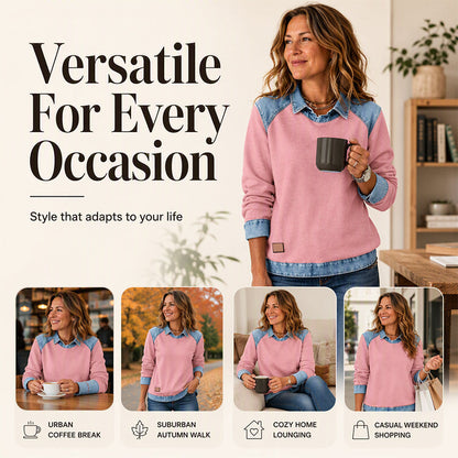 Women's Long Sleeve Denim Patchwork Sweatshirt