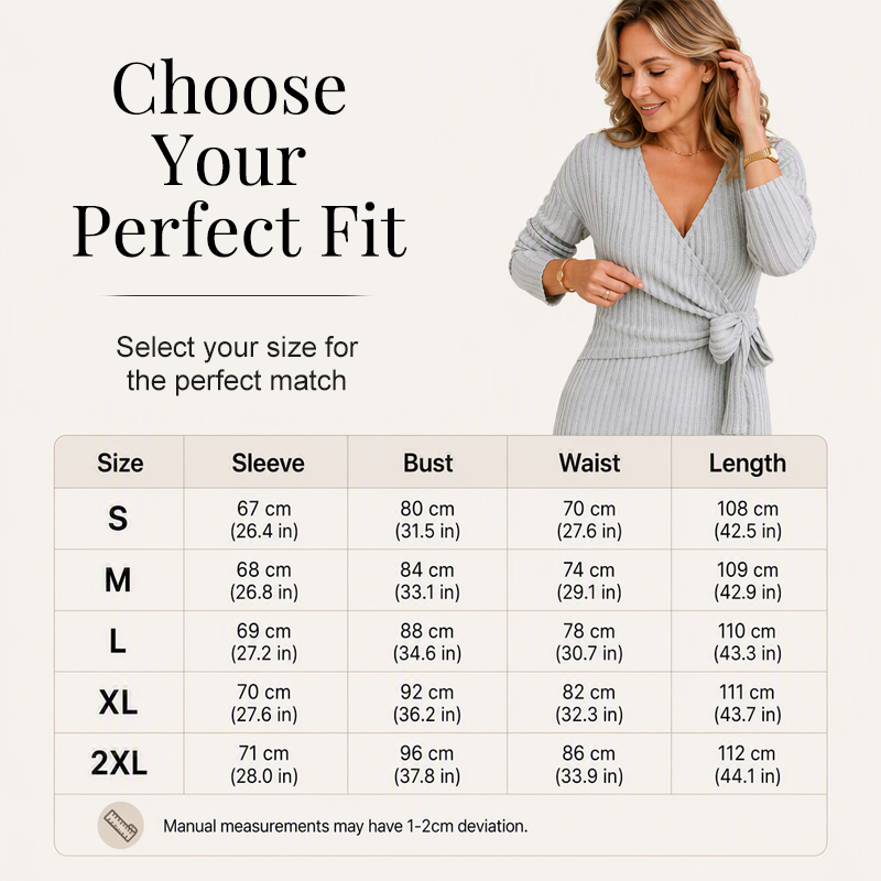 Women's Elegant V-Neck Ribbed Knit Tie-Wrap Dress