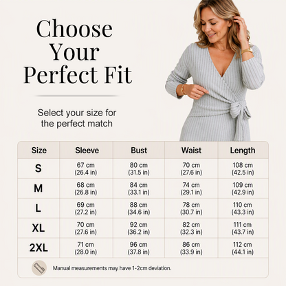 Women's Elegant V-Neck Ribbed Knit Tie-Wrap Dress