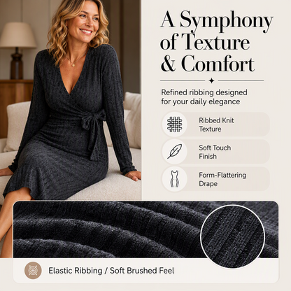 Women's Elegant V-Neck Ribbed Knit Tie-Wrap Dress