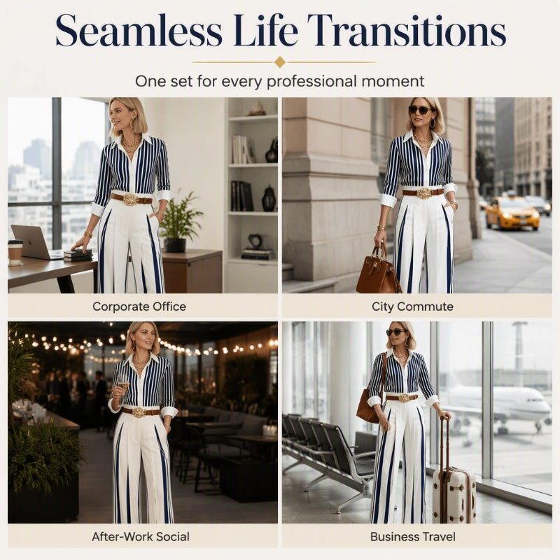 Women’s Casual Striped Shirt & Wide Leg Pants