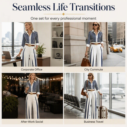 Women’s Casual Striped Shirt & Wide Leg Pants