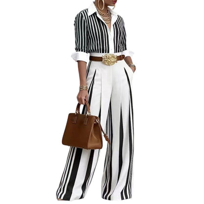 Women’s Casual Striped Shirt & Wide Leg Pants
