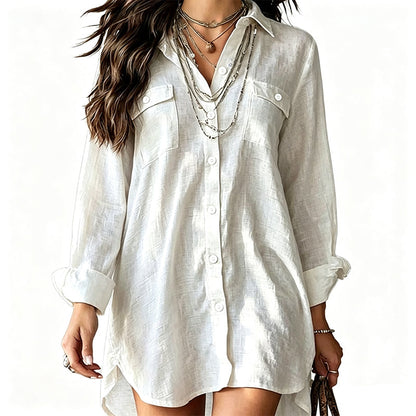 Women's Cotton Linen Long Sleeve Shirt Dress